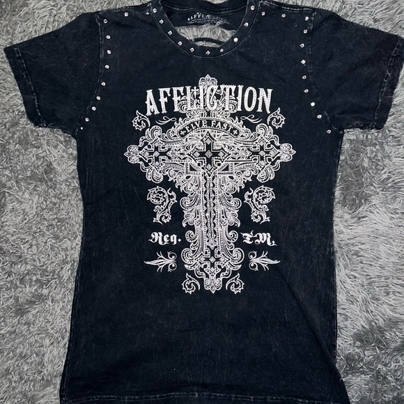 Affliction Tops - Affliction Black Tee with White Cross Design